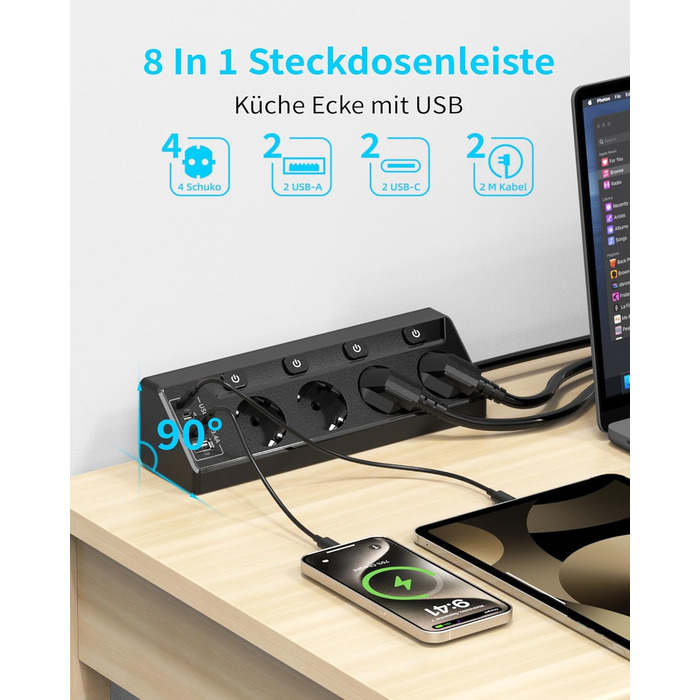 Мережевий адаптер з захистом від перенапруги Eck з USB-C, 6 розеток, 2м кабель (4000W, 16A), розподільний блок для кухні, офісу (4 розетки, чорний)