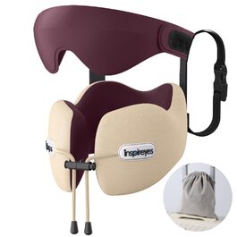 Подушка для шиї у літак з ременем безпеки та 3D маскою для сну, Dual підтримка шиї та голови, піна з високою підтримкою, 360° проти нахилу голови, бежева