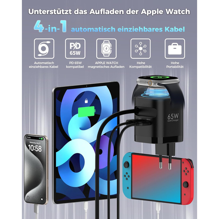 Зарядний пристрій 65W USB-C з кабелями для Apple Watch, 4 порти GaN USB-C, швидка зарядка для Apple Watch Ultra/11/10/9/8/7, MacBook, iPhone, iPad, Galaxy - Білий