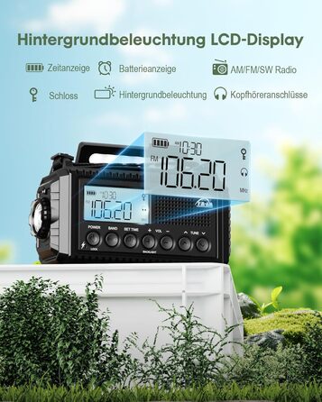 Радіоприймач Kurbelradio на 12000mAh з сонячною панеллю та ручкою, AM/FM/SW, з ліхтариком, USB-зарядкою, SOS-сигналом, для кемпінгу та надзвичайних ситуацій, зелений