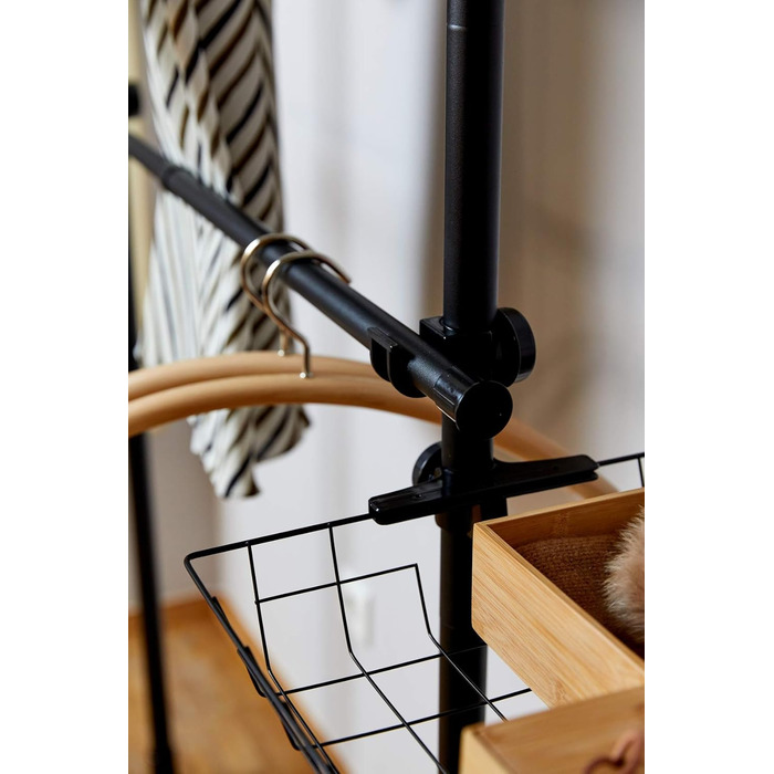 WENKO Telescopic System Hercules Duo, 3 Clothes Rails, 2 Storage Baskets, Extendable, Powder-Coated Metal, 164-215 x 165-300 x 38 cm, Matte Black