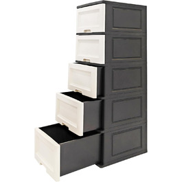 Chest of drawers 44x50x127 cm with 5 large XXL drawers, 40 liters per drawer, featuring fronts in beautiful candy colors and a modern look. Made from recyclable PP plastic (Black / White, Pine) for the environment.