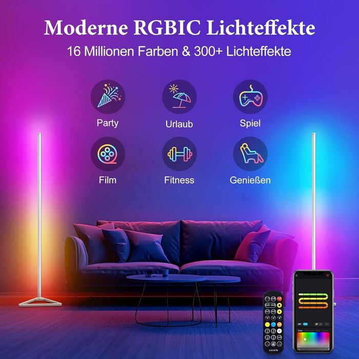 LED підлогова лампа з RGBIC підсвічуванням, 140 см, чорний колір, з пультом керування, 16 мільйонів кольорів, 300 режимів, музичний режим та таймер, для дому та декору