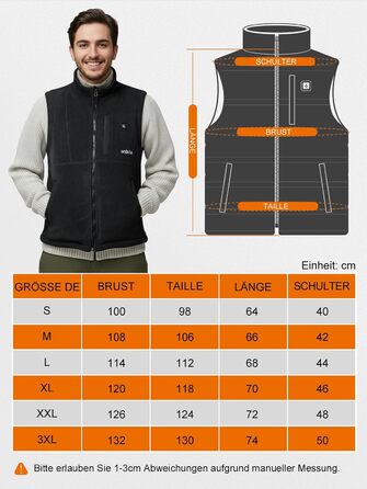 UNBON Грівальна жилетка для чоловіків, флісова жилетка з підігрівом, Powerbank 10000mAh, USB, 3 режими нагріву, 6 зон нагріву, чорний