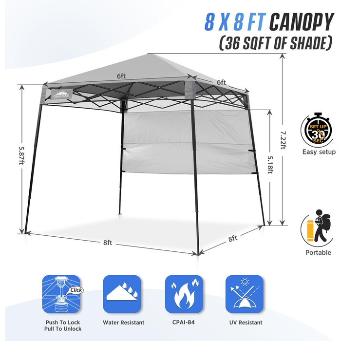 Slanted Legs Folding Gazebo 2.4x2.4m Waterproof Camping Pop-up Gazebo with Side Panel, including Backpack, Blue (Light Grey)