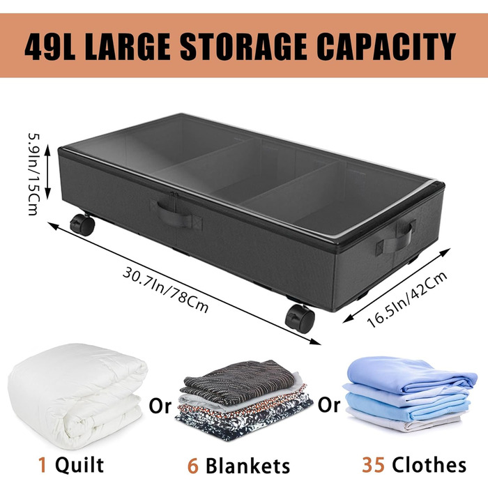 2 шт. Коробка для зберігання під ліжком 49L, комод на колесах з кришкою, металевий каркас, органайзер для одягу, взуття, ковдр, постільної білизни, чорний