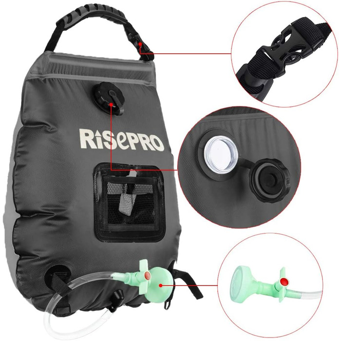 Соняшний душ RISEPRO 20л - портативна сонячна нагрівач для кемпінгу, туризму та відпочинку на природі. Чорний колір.