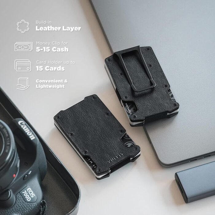 Кредитне портмоне VULKIT з кліпсою для грошей, тонке металеве (алюмінієве) портмоне з тримачем для Airtag, RFID-захист, чоловіче портмоне (Lite-litchi Чорний)