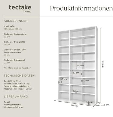 Тумба-стелаж Tectake для зберігання, відкритий книжковий або CD/DVD стелаж, перегородка, вітрина для колекцій, чорний/білий