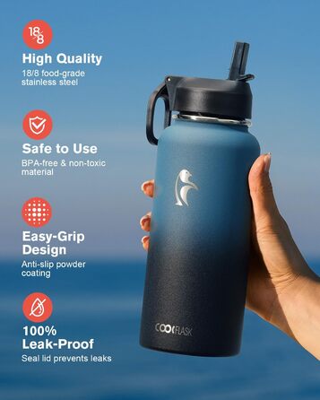 Пляшка для води Coolflask 2л з соломинкою та 3 кришками, ізольована нержавіюча сталь для спорту/офісу, подвійний захист від протікання