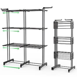 VOUNOT® Сушарка для білизни Турм Розкладна, для дому та вулиці, з розкладними крилами, телескопічною штангою, 6 колесами, 40м довжини сушіння, 3 яруси, білий (чорний) колір