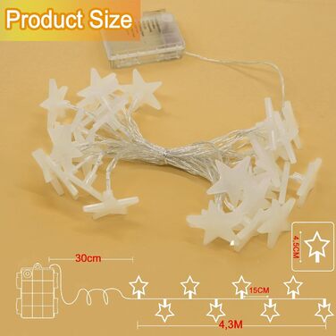 LED гірлянда зірочки на батарейках, 30 шт., 4,5 м, тепле біле світло - для вечірок, саду, Нового року, Хелловіну, весілля та декору