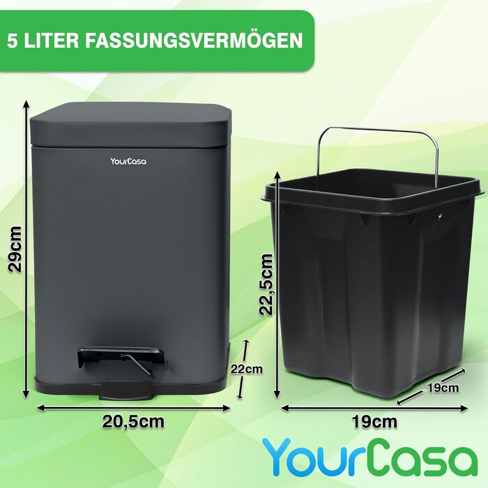 Смітник для ванної кімнати YourCasa® з кришкою Soft-close та внутрішнім відром, 5л, антрацит