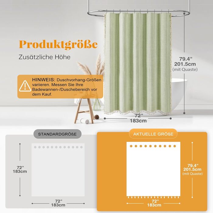 Шторка для душу BTTN 182 x 200 см, Бохо Ферма, важка тканина з рустикальним дизайном та бахромою, Водостійка, з 12 гачками, (Зелений, смугастий, H200 x B180 см (1 шт))