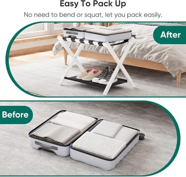 Smuxee Walnut Bamboo Luggage Rack for Guest Rooms, Folding Suitcase Stand with Storage Shelf, Lightweight Assembled Luggage Rack with 5 Nylon Straps for Guest Room Bedroom Hotel (White)