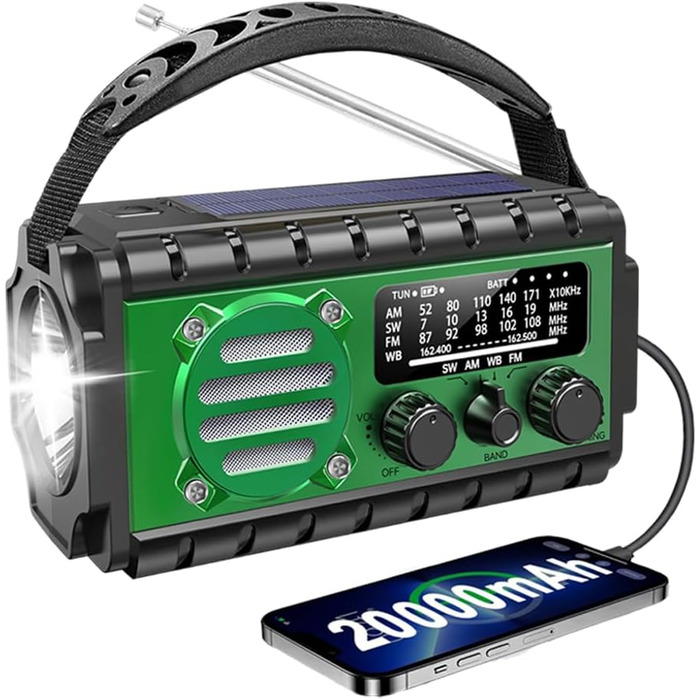 Сонячне радіо Kurbelradio з Powerbank 20000 mAh, AM/FM/SW/WB, Радіо погоди, 4 джерела живлення, ліхтарик, USB-C зарядний пристрій, SOS-сигнал, водонепроникність IPX6 для відпочинку на природі, кемпінгу, будівельних майданчиків (зелене)