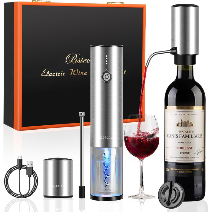 Electric Wine Opener 4-in-1 Set with Automatic Wine Decanter & Wine Opener USB-C Rechargeable, Vacuum Stoppers, Foil Cutters, Gift Box for Wine Lovers