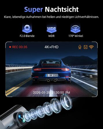 Відеореєстратор автомобільний 4K+1080P Dashcam з Wi-Fi, SD 64GB, нічна зйомка, G-сенсор, паркування