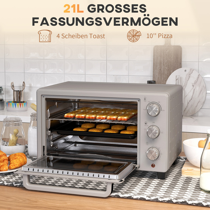HOMCOM 21L Small Oven, 100°C-230°C, 1 Hour Timer, with 3 Cooking Modes, Wire Rack, Baking Tray, Stainless Steel, 46L x 38.5W x 29H cm, Silver | Aosom