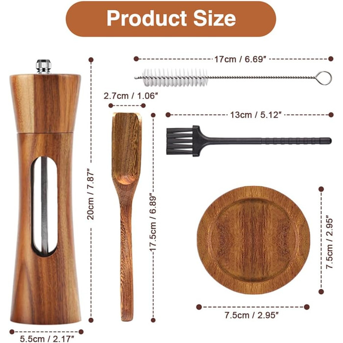 Дерев'яна мельниця для солі та перцю з підставкою, ручна, з регульованим керамічним жорном, 20 см