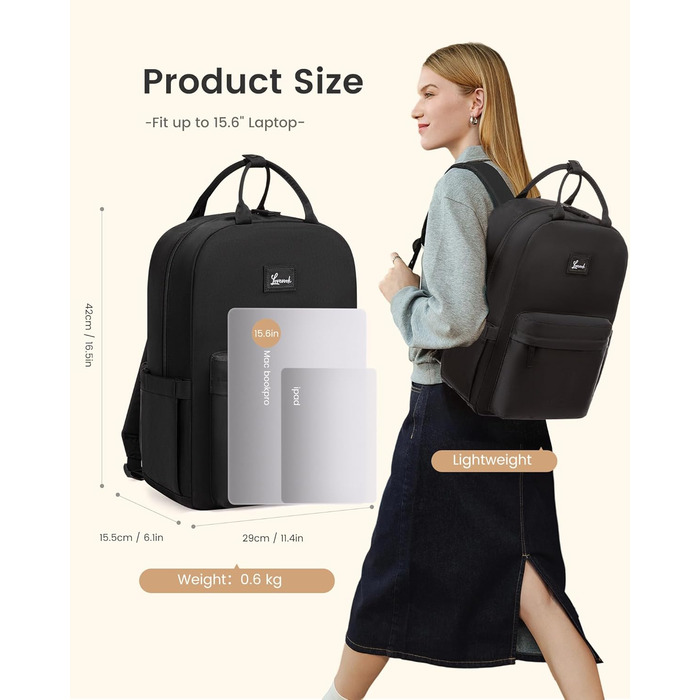 Сумка-рюкзак LOVEVOOK для жінок, підійде для ноутбука 15.6 дюймів, стильна міська сумка для підлітка, водонепроникна шкільна сумка, casual рюкзак для роботи, навчання, подорожей, чорна