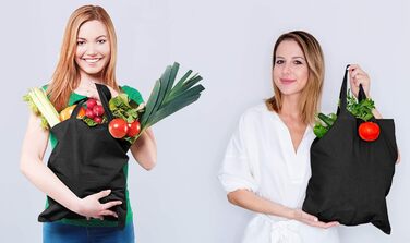 Набір з 25 чорних екосумок з бавовни 38x42 см з довгими ручками, багаторазові, для покупок, сертифікат OEKO-TEX, міцні шопери, текстильні торбинки