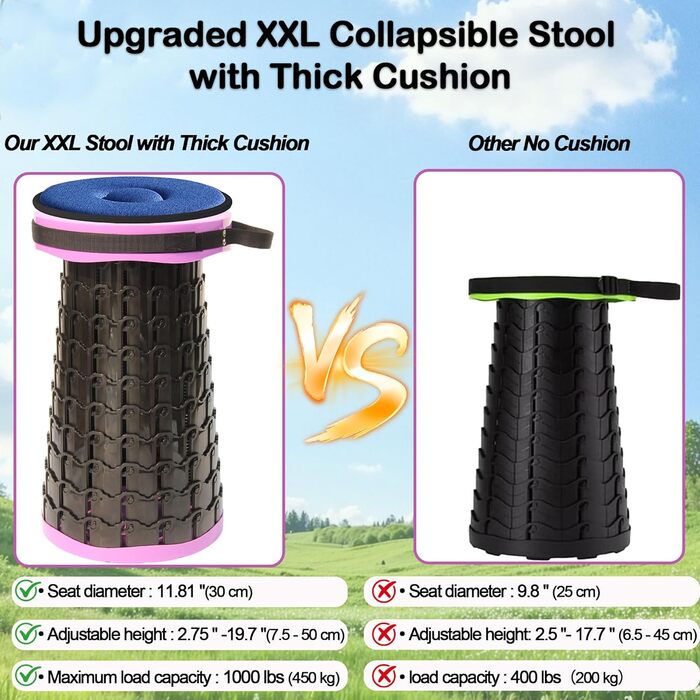 Складаний стілець Alevmoom з подушкою, телескопічний, 50см, 450кг, для кемпінгу та риболовлі (Новий фіолетовий)