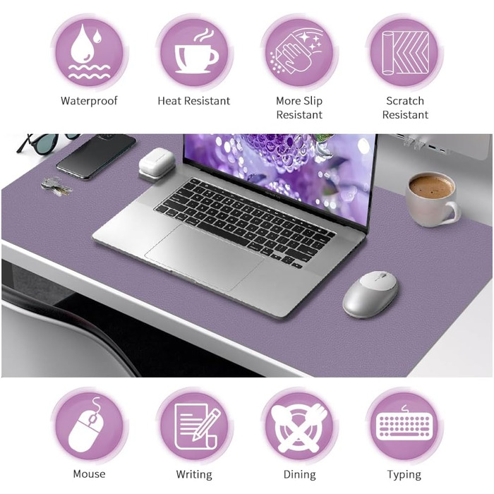 Килимок для столу Niviy з екошкіри XXL, 80x40 см, антиковзаючий, водонепроникний, для офісу, дому та ноутбука, м'яка підкладка з алькантари (лавандовий)