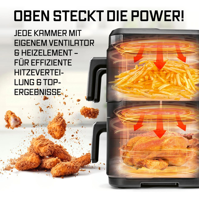 Фритюрниця електрична Gourmetmaxx FryUp3 з 3 камерами 17л, Airfryer з сенсорним дисплеєм, 12 програм, вікном огляду – для 12 осіб