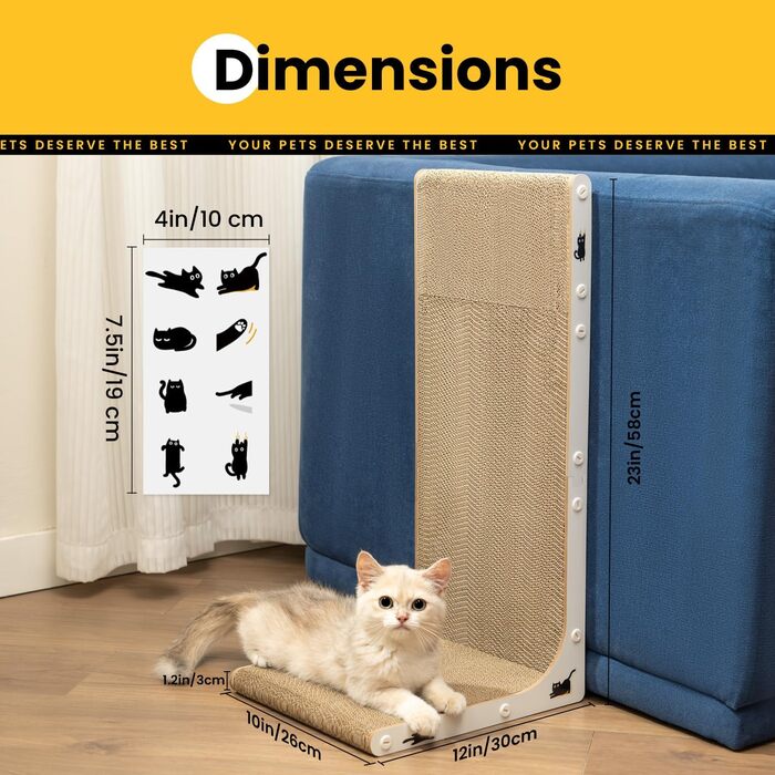 Кігтеточка для котів з коробкою та 4 змінними шарами з картону - великі кігтешні меблі з міцного гофрокартону, двосторонні шари з картону з наклейками DIY - лежанка для котів у квартирі, захист меблів. Велика коробка для котів + 4 кігтешні стовпчики + нак