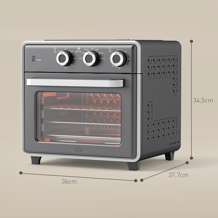 HOMCOM 20L Convection Mini Oven with Baking Tray, Grill Rack, and Crumb Tray, 90°C-230°C Air Fryer with 5 Modes, Frying Basket, 60 Min. Timer, 1400W, Metal | Aosom