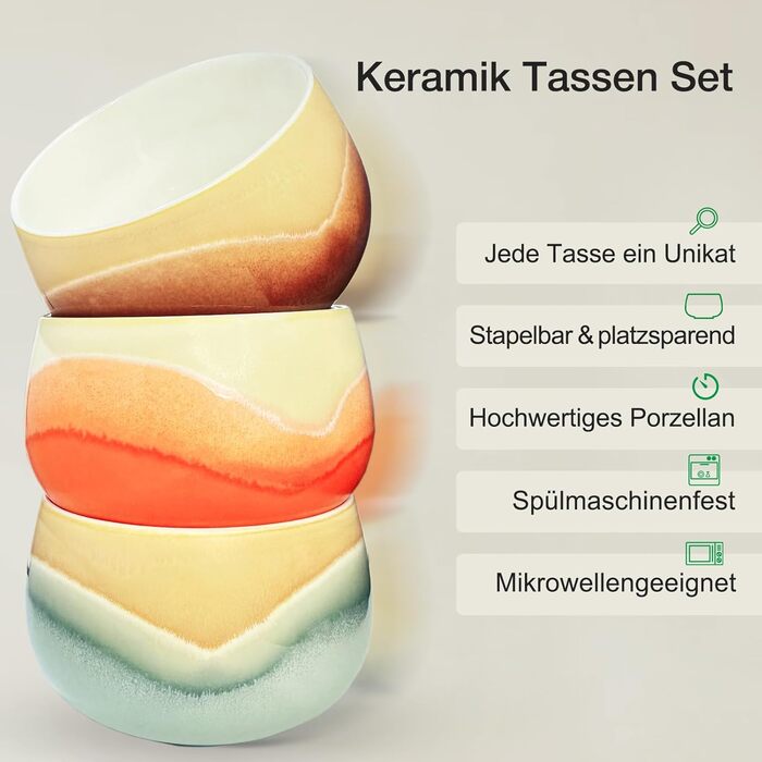 Набір кавових чашок для капучино 4x210мл, бежеві, порцеляна, ручної роботи, без ручки, для лате макіато, сумісність з посудомийною машиною