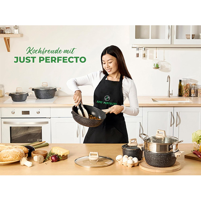 JUST PERFECTO Induction Cookware Set - Frying Pan Set with Lid - 24cm Frying Pan, 28 cm Frying Pan - Cookware Set 28cm Non-Stick Pan without PTFE and PFOA (15-Piece Black)