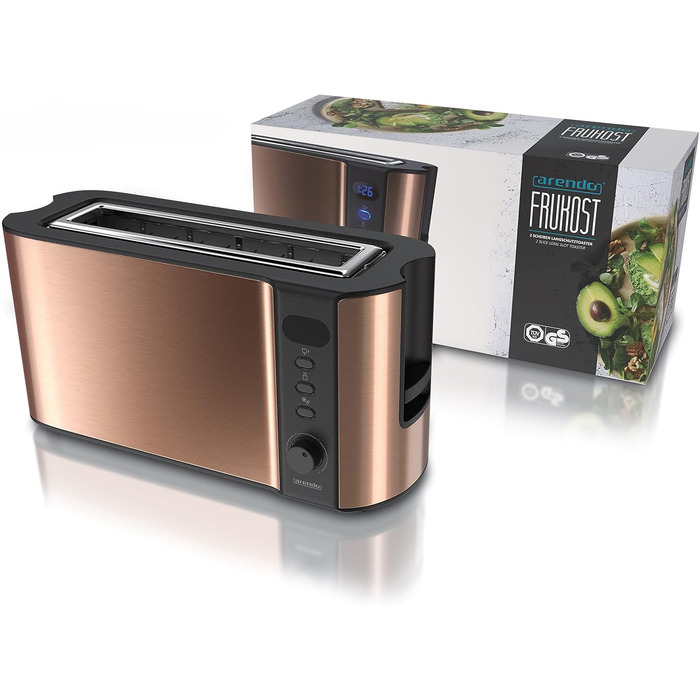 Тостер Arendo Automatik з широкими прорізами, функція розморожування, теплоізоляційне подвійне покриття, вбудований підставка для тостів, висувна шухляда для крихт, сертифікат GS, матеріал: мідь