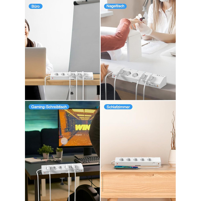 Мережевий адаптер PASSUS 5-fach з 2 USB-C (PD 30W), захист від перенапруги, індивідуальне вмикання, 10-в-1, кабель 2м, чорний