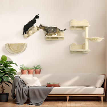 PawHut Cat Climbing Wall 4-Piece, Cat Scratching Post with Climbing, Cat Ladder, Hammock, Jumping Platform, Wall Scratching Post for Cats up to 5 kg