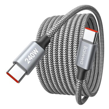 Кабель USB-C на USB-C 240W, 5A, 1.5м, білий: для iPhone, Samsung Galaxy