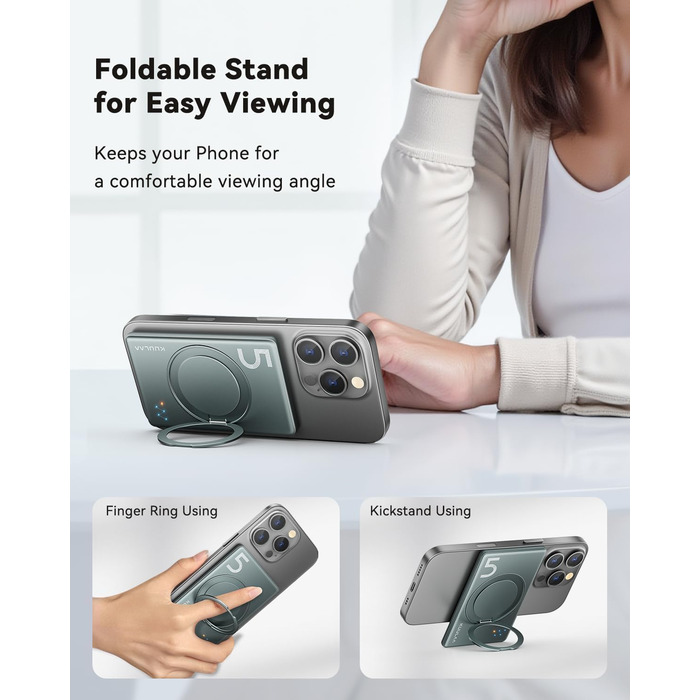 Power Bank Kuulaa MagSafe 5000mAh з бездротовою зарядкою та USB-C, для iPhone 17/16/15/14/13/12, сірий колір