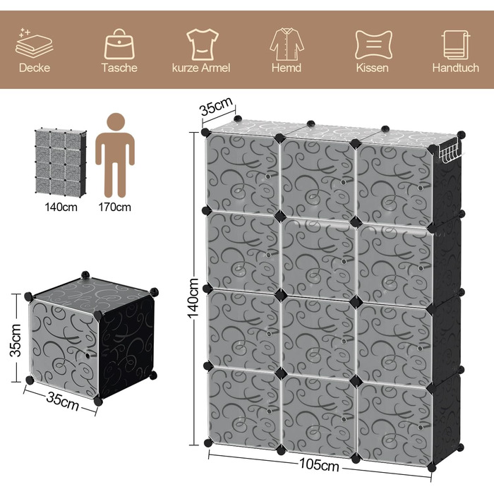 DIY Closet Shelf System, 16 Cubes Wardrobe Closet, Open Wardrobe, Plastic Wardrobe with Doors, Wardrobe Cabinet, Black, 180 x 142 x 37CM (Black 12 Cubes with Clothes Hooks)