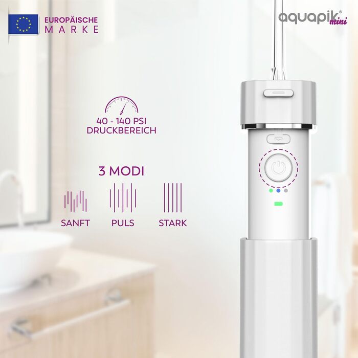 Портативна бездротова іригатор Aquapik® Mini | Іригатор для імплантів та брекетів | Бездротовий, водонепроникний IPX7, 1200 імпульсів/хв, 21 день роботи від акумулятора, 4 насадки (білий)