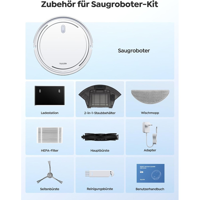 Робот-пилосос з функцією миття підлоги Vyzzle D10, LDS навігація, 5000Pa, керування через додаток/Alexa, для шерсті тварин, килимів, твердих підлог, білий