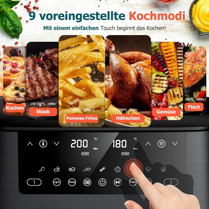 Дво-зонна аерофритюрниця з оглядовим вікном, 9 л XL, подвійний Airfryer, 2 кошики, 9-в-1, сенсорний екран, розумний таймер, для здорового приготування без олії