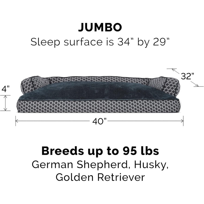 Крісло-ліжко для собак Furhaven з подушкою, великих порід, зйомні валики для шиї та знімний чохол, плюшеве та тканинне оздоблення, зручне диван, сірий діамант, Jumbo/XL. Зручне ліжко для собак - плюш та тканина, сірий діамант jumbo
