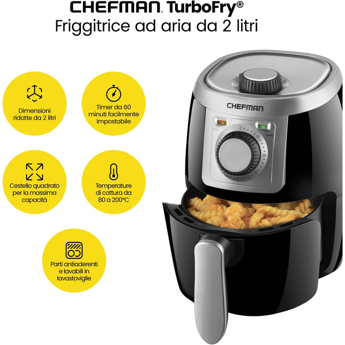 Фритюрниця Chefman 2L Mini – компактна, чорна, з антипригарним кошиком, цифровим таймером та індикатором струсу