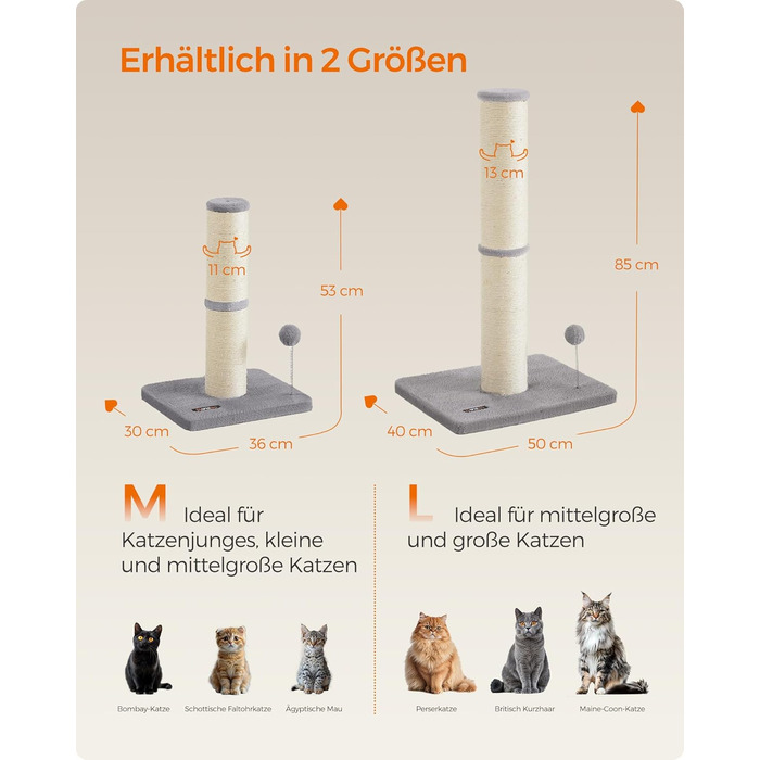 Feandrea Cat Tree, 85 cm tall, scratching post, 13 cm thick trunk, cat tree, scratching trunk for medium and large cats, sisal trunk, with plush ball and bell, Dove Gray PCA041G01