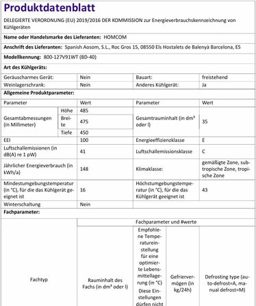 Mini морозильна камера HOMCOM 35 л, електрична, окремо стояча, 45 Вт, -14°C до -24°C, 5-рівневе регулювання температури, 47 x 44,2 x 48,8 см (біла)