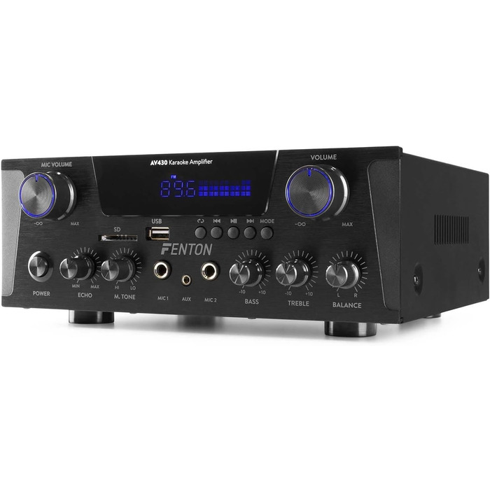 Fenton AV430B караоке підсилювач 600 Вт з Bluetooth, USB, SD, MP3, 2 мікрофонні входи, стерео Hi-Fi, з пультом, чорний