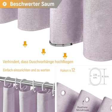 Шторка для душу BTTN, тканинна, 180x200 см, льонова текстура, антигрибкова, миється, текстильна, з 12 гачками, сучасна, водовідштовхувальна, з обтяжувачем, декор, поліестер, кремовий колір (лавандовий, однотонна, H180 x B180 см (упаковка 1)