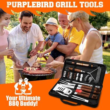 Набір гриль аксесуарів PURPLEBIRD 31 предмет з нержавіючої сталі - Преміум гриль посуд для чоловіків та жінок з сумкою, килимок для гриля, сад, кемпінг та день народження. Сучасний дизайн.