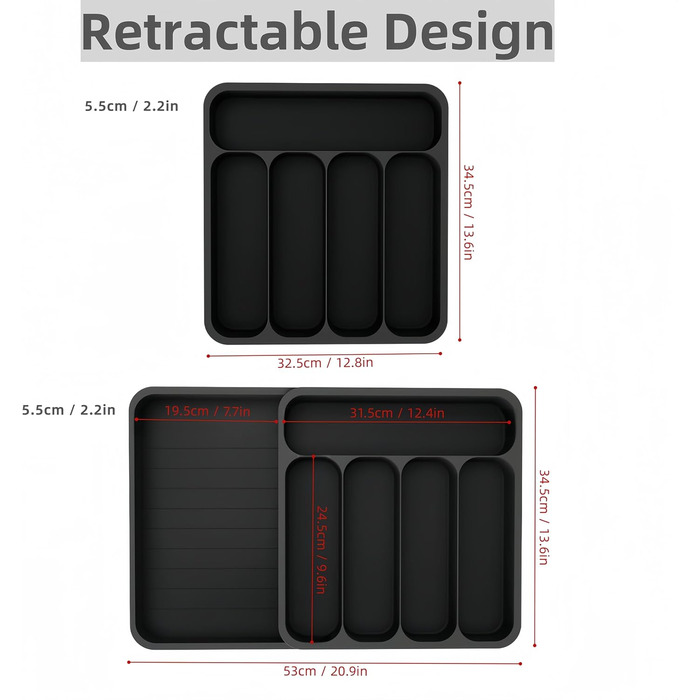 Органайзер для столових приладів висувний, 6 відділень, чорний пластик – регульоване кухонне зберігання для посуду та ножів